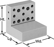 Image of Product. Front orientation. Contains Annotated. Angle Plates. Angle Plates with Mounting Holes, 4" Long, 4" Wide, 4" High.