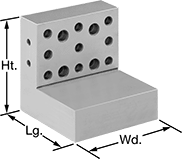 Image of Product. 4" Lg.×4" Wd.×4" Ht.. Front orientation. Contains Annotated. Angle Plates. Angle Plates with Mounting Holes, 4" Long, 4" Wide, 4" High.