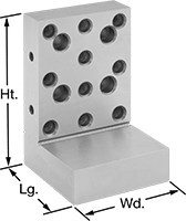 Image of Product. 4" Lg.×4" Wd.×6 Ht.. Front orientation. Contains Annotated. Angle Plates. Angle Plates with Mounting Holes, 4" Long, 4" Wide, 6" High.