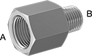 Image of Product. Female × Male. Front orientation. Contains Annotated. Pipe and Fittings. Precision Extreme-Pressure Galvanized Iron and Steel Threaded Pipe Fittings, Straight Reducing Adapters, Male, Female, Threaded Fitting Connection, Hex Body.