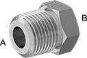 Image of Product. Male × Female. Front orientation. Contains Annotated. Pipe and Fittings. Precision Extreme-Pressure Galvanized Iron and Steel Threaded Pipe Fittings, Bushing Straight Reducing Adapters, Male, Threaded Fitting Connection, Female, Hex Body.