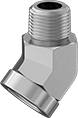 Image of Product. Female × Male. Front orientation. Pipe and Fittings. Precision Extreme-Pressure Galvanized Iron and Steel Threaded Pipe Fittings, 45° Elbow Adapters, Male, Female, Threaded Fitting Connection.