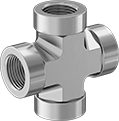 Image of Product. Female. Front orientation. Pipe and Fittings. Precision Extreme-Pressure Galvanized Iron and Steel Threaded Pipe Fittings, Cross Connectors, Threaded Fitting Connection, Female, Hex Body.