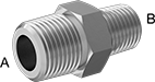 Image of Product. Male × Male. Front orientation. Contains Annotated. Pipe and Fittings. Precision Extreme-Pressure Galvanized Iron and Steel Threaded Pipe Fittings, Straight Reducers, Male, Threaded Fitting Connection, Hex Body.