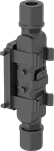 Image of Product. Front orientation. Latching Connectors. Compact Latching Connectors, Top and Bottom Cord Connection with Side Mounting Flange and 2 Cord Grips—1 Latching Lever.
