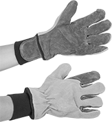 Image of ProductInUse. Cowhide and Pigskin Leather. Front orientation. Gloves. Firefighter-Style Leather Heat-Protection Gloves, Cowhide Leather, Pigskin Leather, 13" Long, Knit Cuff, Beige/Gray.