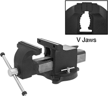 Image of Product. Front orientation. Contains Annotated, Inset. Vises. Weather-Resistant Bench Vises, Economy with Flat and V-Jaws.