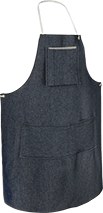 Image of Product. Denim with Swing Chest Pocket and Two Waist Pockets. Front orientation. Aprons. Shop Aprons, Denim Fabric, One Swing Chest Pocket.