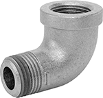 Image of Product. NPT Female × NPT Male. Front orientation. Pipe and Fittings. Low-Pressure Galvanized Iron and Steel Threaded Pipe Fittings with Sealant, 90° Elbow Adapters, Male, Female, Threaded Fitting Connection.