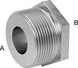 Image of Product. Male × Female. Back orientation. Contains Annotated. Pipe and Fittings. Premium Medium-Pressure Stainless Steel Threaded Pipe Fittings, Bushing Straight Reducing Adapters, Male, Threaded Fitting Connection, Female, Hex Body.