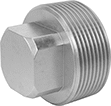 Image of Product. Male. Front orientation. Pipe and Fittings. Premium Low-Pressure Stainless Steel Threaded Pipe Fittings, External-Square-Drive Plugs, Male, Threaded Fitting Connection, Square Body.
