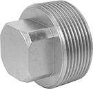 Image of Product. Male. Front orientation. Pipe and Fittings. Premium Medium-Pressure Stainless Steel Threaded Pipe Fittings, External-Square-Drive Plugs, Male, Threaded Fitting Connection, Square Body.