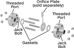 Image of Product. Exploded. Front orientation. Exploded view. Contains Annotated. Orifice Valves. Flange Unions, Butt-Weld Fitting Connection.