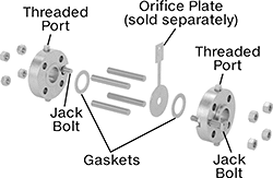 Image of Product. Exploded. Front orientation. Exploded view. Contains Annotated. Orifice Valves. Flange Unions, Slip-on-Weld Fitting Connection.