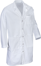 Image of Product. One Chest Pocket, Two Waist Pockets, and Hip Slits. Front orientation. Jackets. Shop and Lab Coats, Cotton/Polyester Fabric, Men's Clothes, White.
