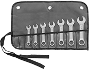 Image of Product. Front orientation. Combination Wrenches. Stubby Combination Wrench Sets, Fabric Roll-Up Pouch.
