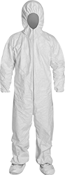 Image of Product. Front orientation. Coveralls. Disposable Clean Room Coveralls, Hooded-Long-Sleeve Coveralls with Boot Covers.