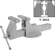 Image of Product. Front orientation. Contains Annotated, Inset. Vises. Stainless Steel Bench Vises for Washdown Applications, With Flat and V-Jaws, Fixed Base.