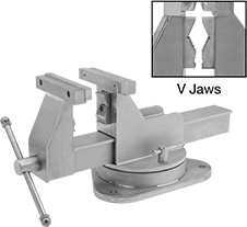 Image of Product. Front orientation. Contains Annotated, Inset. Vises. Stainless Steel Bench Vises for Washdown Applications, With Flat and V-Jaws, Swivel Base.
