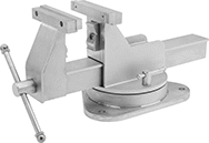 Image of Product. Front orientation. Vises. Stainless Steel Bench Vises for Washdown Applications, With Flat and Pipe Jaws, Swivel Base.