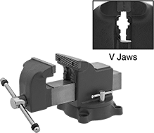 Image of Product. Front orientation. Contains Annotated, Inset. Vises. Bench Vises, Economy with Flat and V-Jaws.