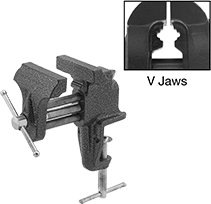 Image of Product. Front orientation. Contains Annotated, Inset. Vises. Clamp-On Bench Vises, With Flat and V-Jaws, Fixed Base.