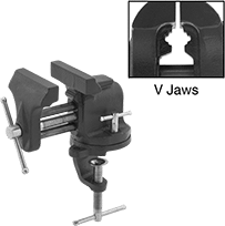 Image of Product. Front orientation. Contains Annotated, Inset. Vises. Clamp-On Bench Vises, With Flat and V-Jaws, Swivel Base.