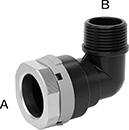 Image of Product. Female x Male. Front orientation. Contains Annotated. Pipe and Fittings. Low-Pressure Aluminum Quick-Connect Pipe Fittings, 90° Elbow Reducing Adapters, Threaded Fitting Connection, Female, Quick-Disconnect Fitting Connection, Male, Quick-Connect Fitting Connection.