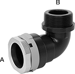 Image of Product. Female x Male. Front orientation. Contains Annotated. Pipe and Fittings. Low-Pressure Aluminum Quick-Connect Pipe Fittings, 90° Elbow Adapters, Threaded Fitting Connection, Female, Quick-Disconnect Fitting Connection, Male, Quick-Connect Fitting Connection.