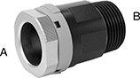 Image of Product. Female x Male. Front orientation. Contains Annotated. Pipe and Fittings. Low-Pressure Aluminum Quick-Connect Pipe Fittings, Straight Adapters, Threaded Fitting Connection, Female, Quick-Disconnect Fitting Connection, Male, Quick-Connect Fitting Connection.