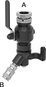 Image of Product. Adapter. Top orientation. Contains Annotated. Pipe and Fittings. Low-Pressure Aluminum Quick-Connect Pipe Fittings, Single-Outlet Elbow Adapters with Mounting Tab , Quick-Connect Female × Quick-Disconnect Female.