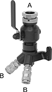 Image of Product. Adapter. Top orientation. Contains Annotated. Pipe and Fittings. Low-Pressure Aluminum Quick-Connect Pipe Fittings, Double-Outlet Elbow Adapters with Mounting Tab, Quick-Connect Female × Quick-Disconnect Female × Quick-Disconnect Female.