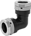 Image of Product. Front orientation. Pipe and Fittings. Low-Pressure Aluminum Quick-Connect Pipe Fittings, 90° Elbow Connectors, Quick-Connect Female.