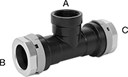 Image of Product. Female x Female x Female. Front orientation. Contains Annotated. Pipe and Fittings. Low-Pressure Aluminum Quick-Connect Pipe Fittings, Inline Tee Reducing Adapters, Quick-Connect Fitting Connection, Quick Connect Fitting Connection, Female, Threaded Fitting Connection.