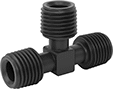 Image of Product. Male. Front orientation. Pipe and Fittings. Plastic Pipe Fittings for Food and Beverage, Tee Connectors, Threaded Fitting Connection, Male.
