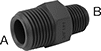 Image of Product. Male × Male. Front orientation. Contains Annotated. Pipe and Fittings. Plastic Pipe Fittings for Food and Beverage, Straight Reducers, Male, Threaded Fitting Connection, Hex Body.