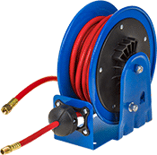 Image of Product. Front orientation. Hose Reels. Compact Reels with Air Hose, Blue Reel with Red PVC Hose.