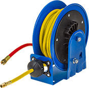 Image of Product. Front orientation. Hose Reels. Compact Reels with Air Hose, Blue Reel with Yellow PVC Hose.