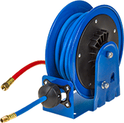 Image of Product. Front orientation. Hose Reels. Compact Reels with Air Hose, Blue Reel with Blue PVC Hose.