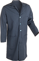 Image of Product. One Chest Pocket and Two Waist Pockets. Front orientation. Jackets. Shop and Lab Coats, Cotton/Polyester Fabric, Men's Clothes, Dark Blue.