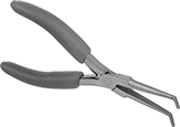 Image of Product. Front orientation. Long-Nose Pliers. Static-Control Bent Nose Pliers, Slim Nose with Flat Jaw, Cushion Grip, 45° Jaw Bend.