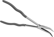 Image of Product. Front orientation. Long-Nose Pliers. Extended-Reach Bent-Nose Pliers, Standard Nose with Flat Jaw, Cushion Grip, 45° Jaw Bend.