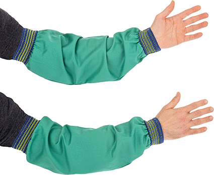 Image of ProductInUse. Front orientation. Cotton Welding Sleeves, 18" Long, Knit Cuff, Green.