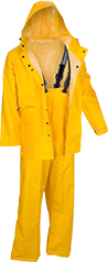 Image of Product. PVC-Coated Polyester Suit with Bib Overalls. Front orientation. Rain Suits. Rain Suits, Suit with Bib Overalls and Hooded Jacket, PVC Coating, Polyester Fabric.