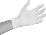Image of ProductInUse. Nylon Fabric with Knit Cuff. Front orientation. Gloves. Inspection Gloves, Nylon Fabric, 9 1/4" Long.
