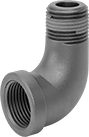 Image of Product. NPT Female × NPT Male. Front orientation. Pipe and Fittings. Low-Pressure Iron and Steel Threaded Pipe Fittings with Sealant, 90° Elbow Adapters, Male, Female, Threaded Fitting Connection.
