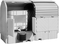 Image of ProductInUse. For 2 275-Gallon Tanks (Bucket Sold Separately). Front orientation. Spill-Control Sheds. For 2 275-Gallon Tanks.