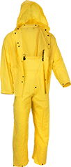 Image of Product. PVC Suit with Bib Overalls. Front orientation. Rain Suits. Rain Suits, Suit with Bib Overalls, Detachable Hood, and Jacket, PVC.