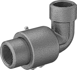Image of Product. Front orientation. Medium-Pressure Bronze Pipe Fitting, 90 Degree Connector with Intermittent Swivel, 1 NPT Female.