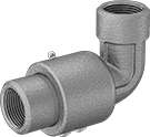Image of Product. Female. Front orientation. Pipe and Fittings. Low-Pressure Brass and Bronze Threaded Pipe Fittings, Intermittent-Swivel 90° Elbow Connectors, Threaded Fitting Connection, Female.